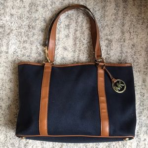 Michael Kors navy blue canvas/cognac leather tote